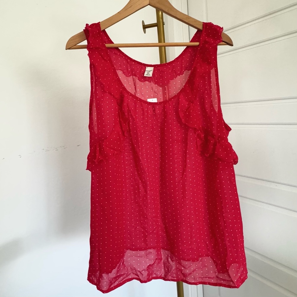 Sheer Red Sleeveless Polka Dot Ruffle Flowy Top XL Softgirl Retro Coquette Pinup